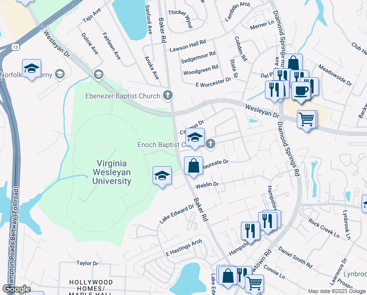 map of restaurants, bars, coffee shops, grocery stores, and more near 848 Baker Road in Virginia Beach
