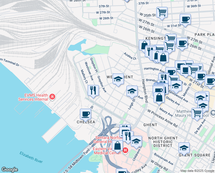 map of restaurants, bars, coffee shops, grocery stores, and more near 1223 West Princess Anne Road in Norfolk