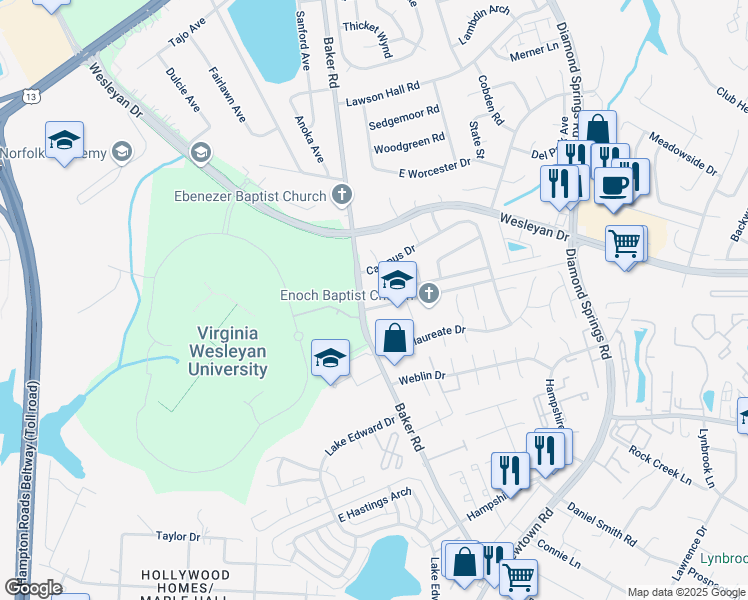 map of restaurants, bars, coffee shops, grocery stores, and more near 848 Baker Road in Virginia Beach