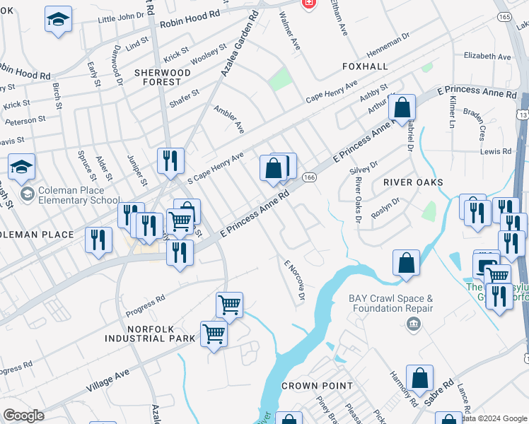 map of restaurants, bars, coffee shops, grocery stores, and more near 1441 Norcova Avenue in Norfolk