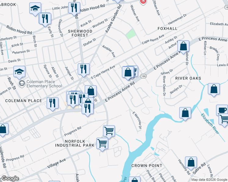 map of restaurants, bars, coffee shops, grocery stores, and more near 4830 East Princess Anne Road in Norfolk