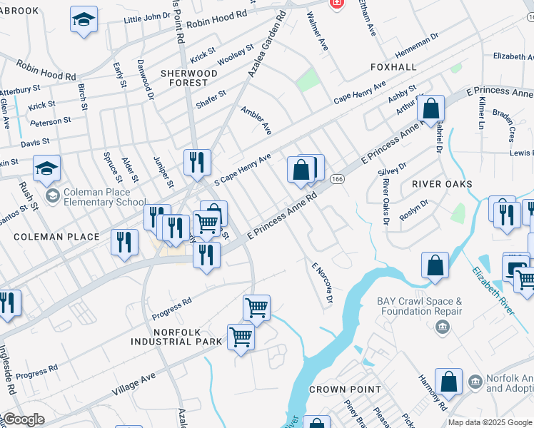 map of restaurants, bars, coffee shops, grocery stores, and more near 4830 East Princess Anne Road in Norfolk