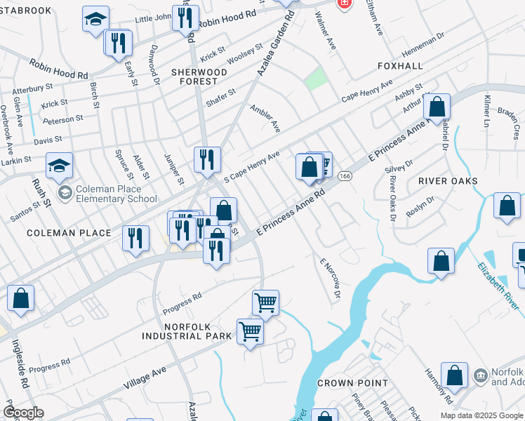 map of restaurants, bars, coffee shops, grocery stores, and more near 4830 East Princess Anne Road in Norfolk