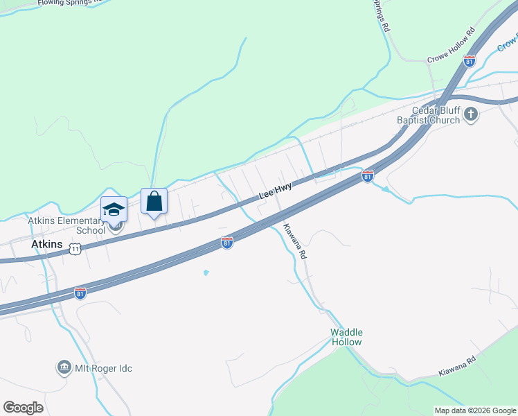 map of restaurants, bars, coffee shops, grocery stores, and more near Interstate 81 in Atkins
