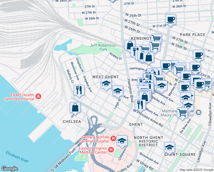 map of restaurants, bars, coffee shops, grocery stores, and more near 1410 Claremont Avenue in Norfolk