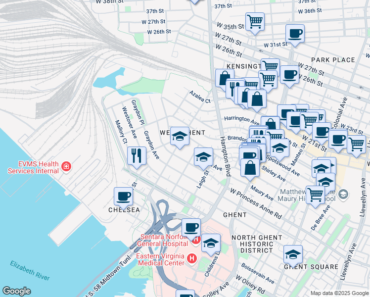 map of restaurants, bars, coffee shops, grocery stores, and more near 1410 Claremont Avenue in Norfolk