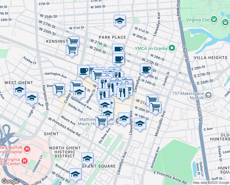 map of restaurants, bars, coffee shops, grocery stores, and more near 2000 Colonial Avenue in Norfolk