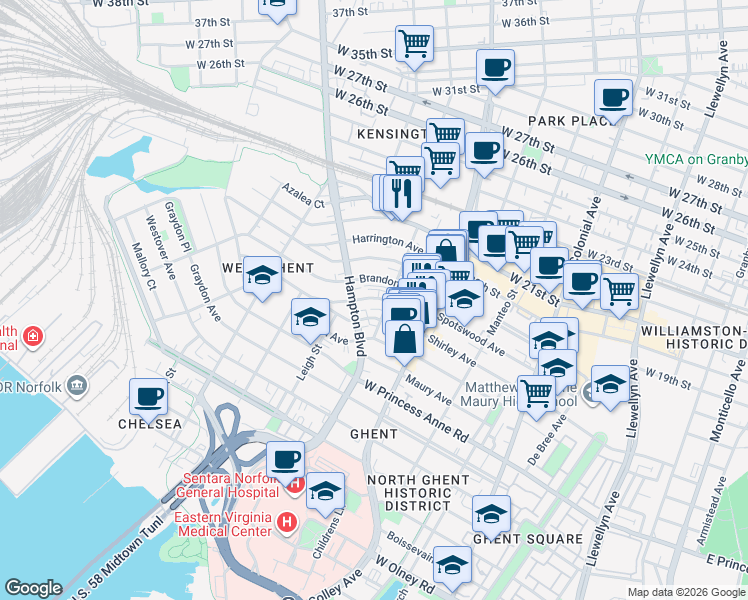 map of restaurants, bars, coffee shops, grocery stores, and more near 915 Spotswood Avenue in Norfolk