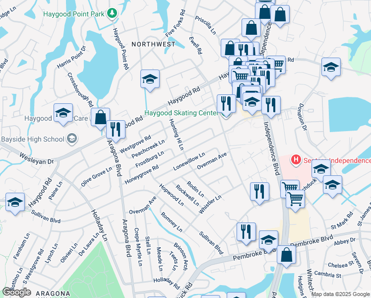 map of restaurants, bars, coffee shops, grocery stores, and more near 4748 Honeygrove Road in Virginia Beach