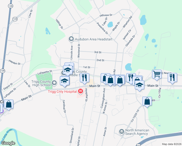 map of restaurants, bars, coffee shops, grocery stores, and more near 267 Main Street in Cadiz