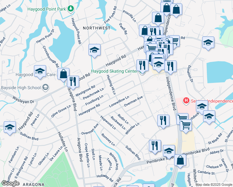 map of restaurants, bars, coffee shops, grocery stores, and more near 4748 Honeygrove Road in Virginia Beach