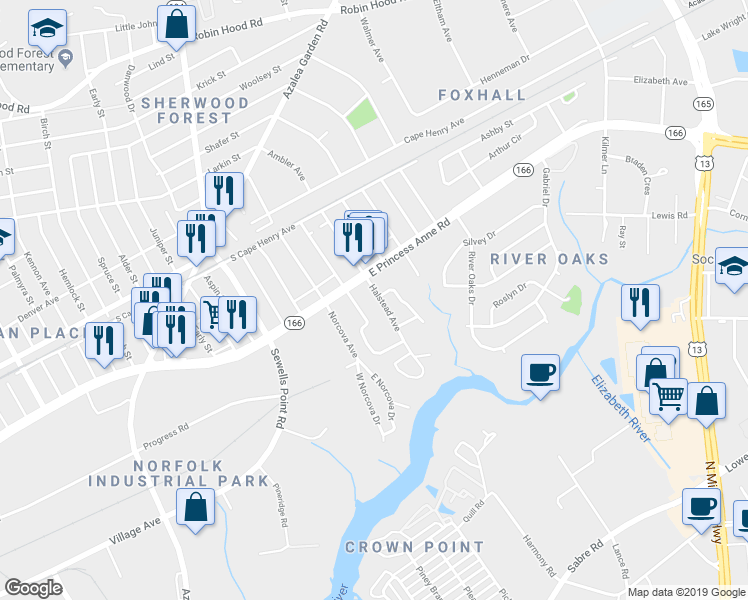 map of restaurants, bars, coffee shops, grocery stores, and more near 1433 Shelton Avenue in Norfolk