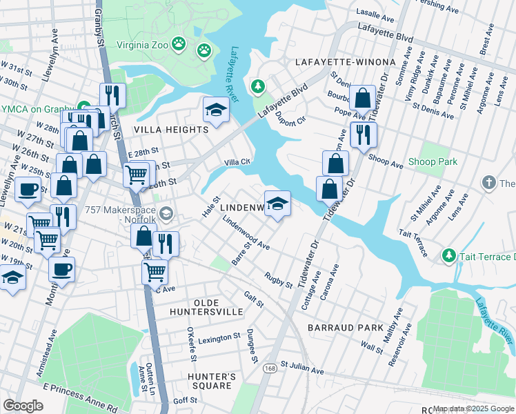 map of restaurants, bars, coffee shops, grocery stores, and more near 2610 Middle Avenue in Norfolk