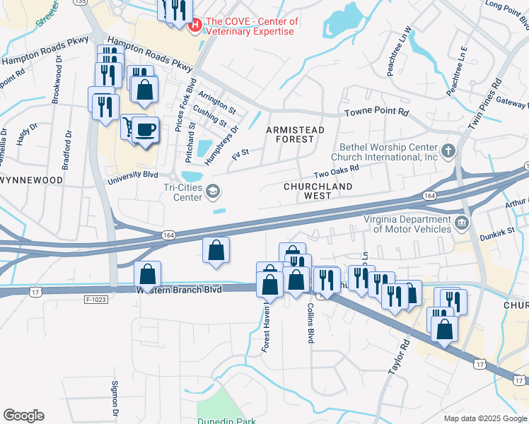 map of restaurants, bars, coffee shops, grocery stores, and more near 3957 Old Farm Rd in Portsmouth