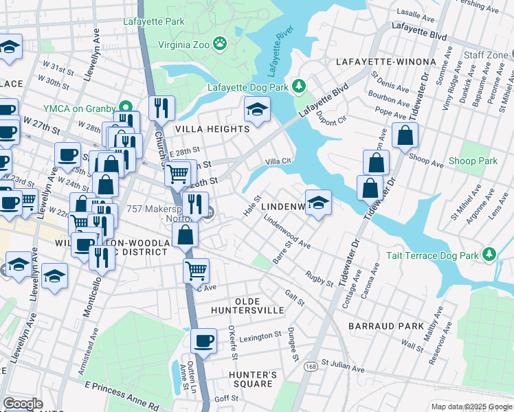 map of restaurants, bars, coffee shops, grocery stores, and more near 2500 Hale Street in Norfolk