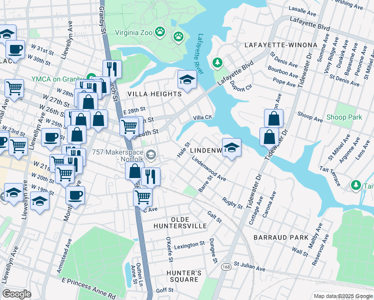 map of restaurants, bars, coffee shops, grocery stores, and more near 2500 Hale Street in Norfolk