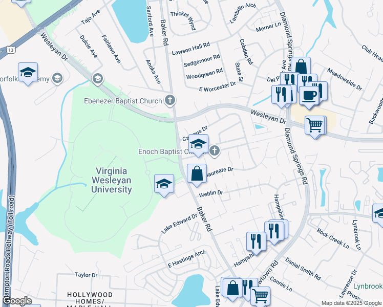 map of restaurants, bars, coffee shops, grocery stores, and more near 5619 Old Guard Crescent in Virginia Beach