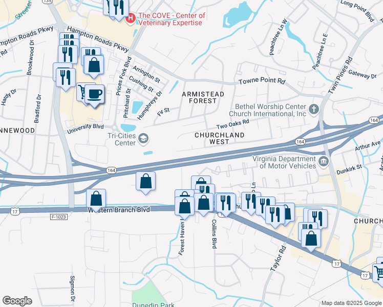 map of restaurants, bars, coffee shops, grocery stores, and more near 3625 Forest Haven Lane in Portsmouth