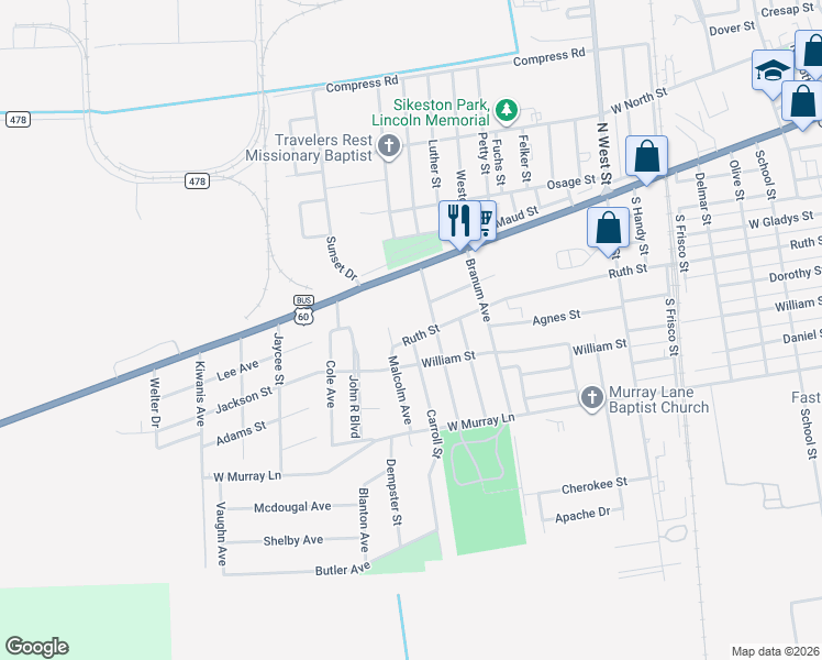 map of restaurants, bars, coffee shops, grocery stores, and more near 1209 Ruth Street in Sikeston