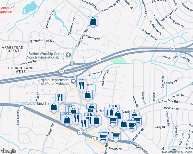 map of restaurants, bars, coffee shops, grocery stores, and more near 3605 Harvey Street in Portsmouth