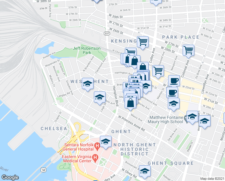 map of restaurants, bars, coffee shops, grocery stores, and more near 1002 Spotswood Avenue in Norfolk