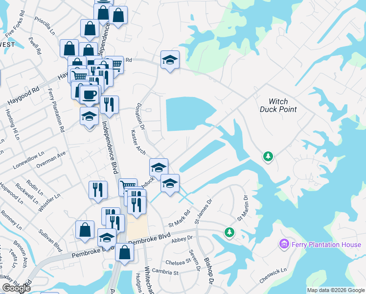 map of restaurants, bars, coffee shops, grocery stores, and more near 4393 North Witchduck Road in Virginia Beach