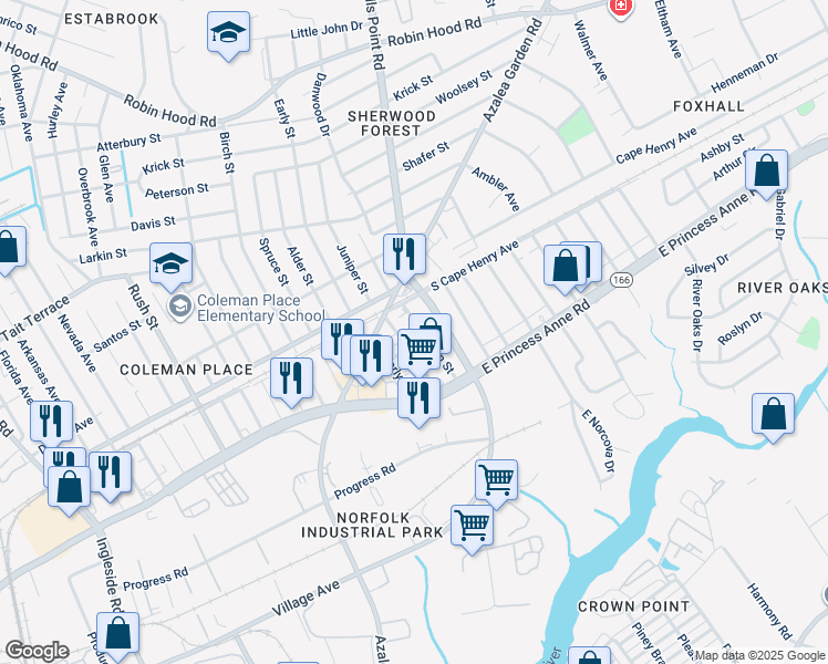 map of restaurants, bars, coffee shops, grocery stores, and more near 1559 Aspin Street in Norfolk