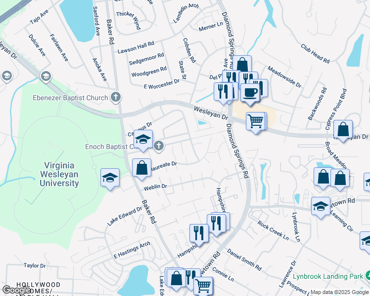 map of restaurants, bars, coffee shops, grocery stores, and more near 814 Admissions Court in Virginia Beach