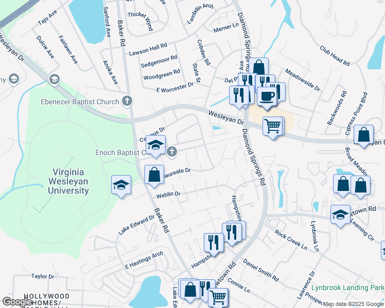 map of restaurants, bars, coffee shops, grocery stores, and more near 817 Admissions Court in Virginia Beach