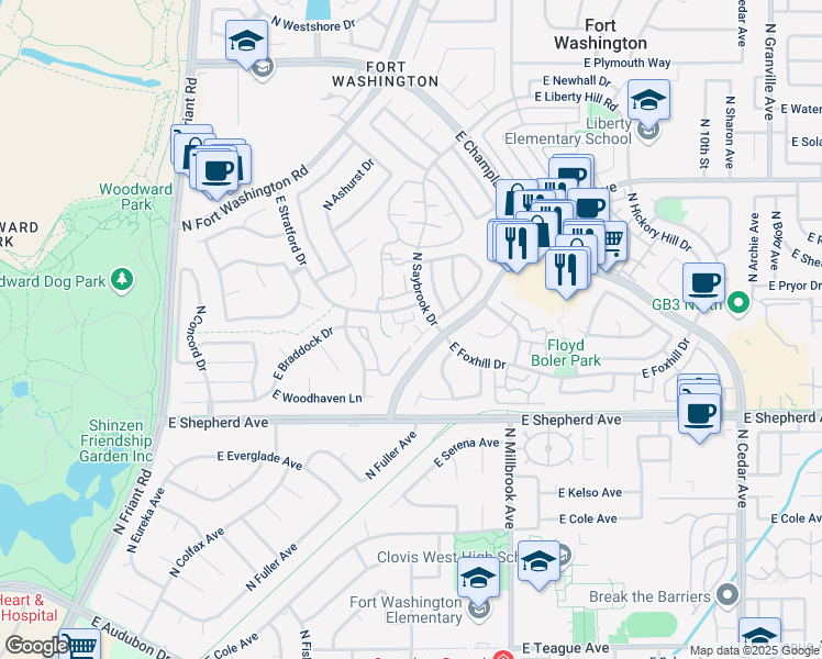 map of restaurants, bars, coffee shops, grocery stores, and more near 9199 North Saybrook Drive in Fresno