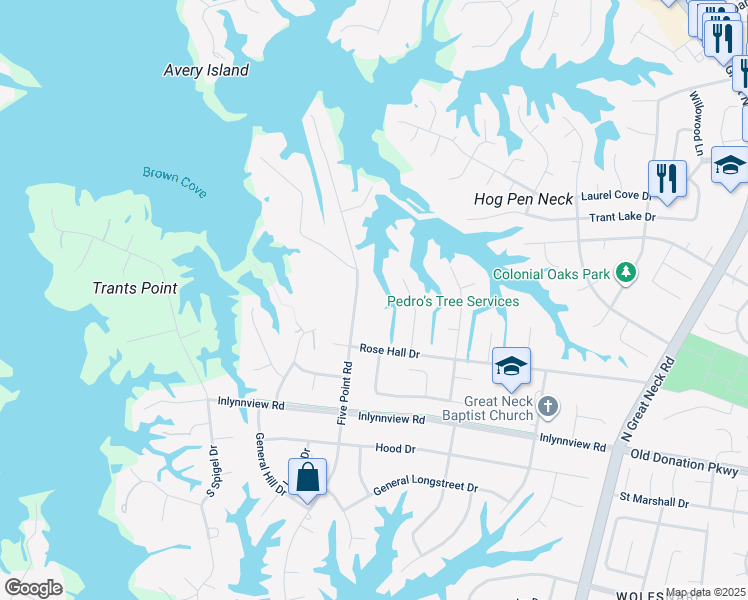 map of restaurants, bars, coffee shops, grocery stores, and more near 1132 Five Point Road in Virginia Beach