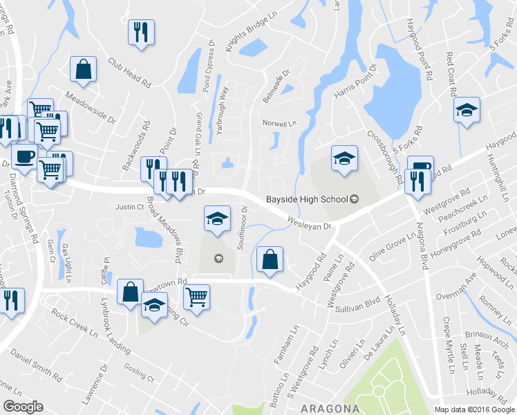 map of restaurants, bars, coffee shops, grocery stores, and more near Nuthall Drive in Virginia Beach