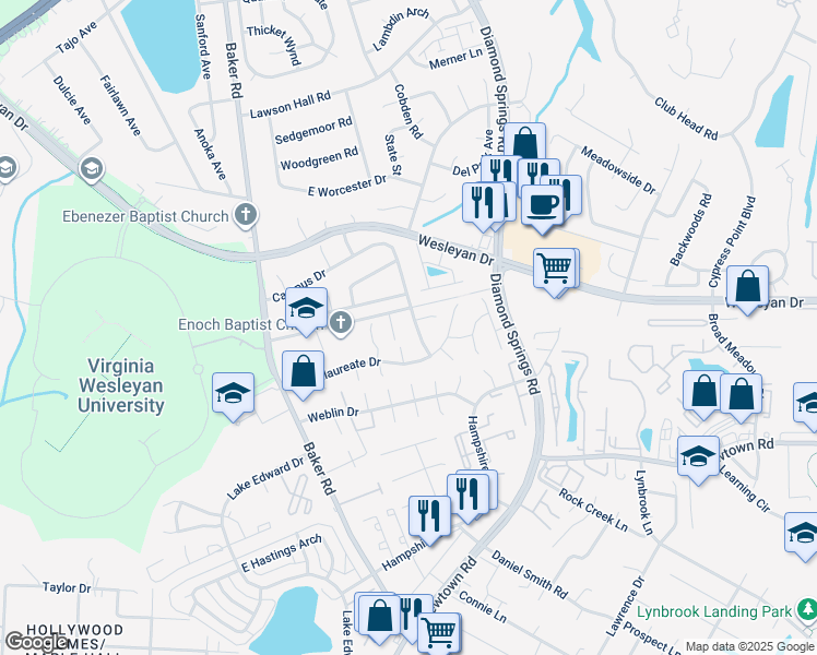 map of restaurants, bars, coffee shops, grocery stores, and more near 5431 Campus Drive in Virginia Beach