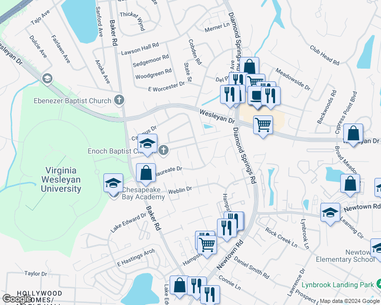 map of restaurants, bars, coffee shops, grocery stores, and more near 814 Admissions Court in Virginia Beach
