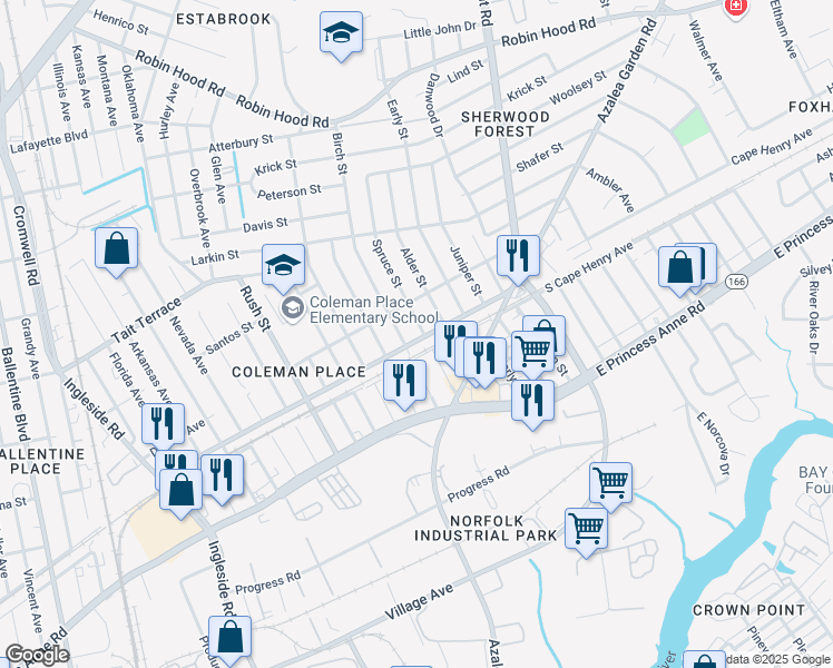 map of restaurants, bars, coffee shops, grocery stores, and more near 1556 Birch Street in Norfolk