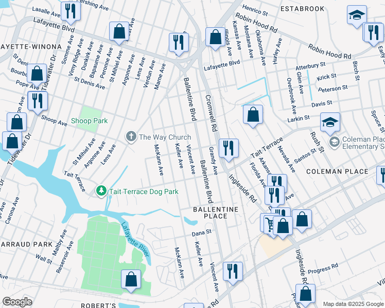 map of restaurants, bars, coffee shops, grocery stores, and more near 2624 Vincent Avenue in Norfolk