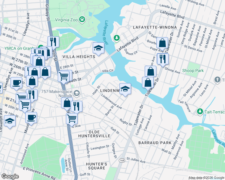 map of restaurants, bars, coffee shops, grocery stores, and more near 2507 Middle Avenue in Norfolk
