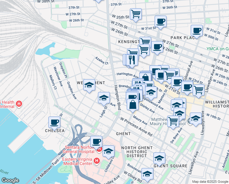 map of restaurants, bars, coffee shops, grocery stores, and more near 1002 Spotswood Avenue in Norfolk