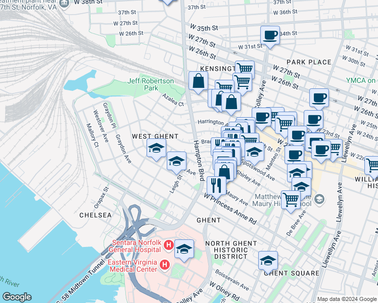 map of restaurants, bars, coffee shops, grocery stores, and more near 1007 Shirley Avenue in Norfolk