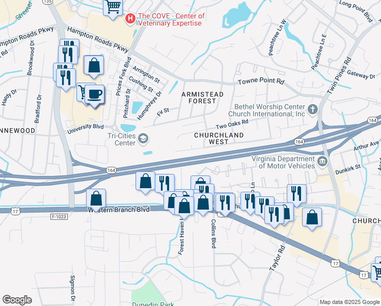 map of restaurants, bars, coffee shops, grocery stores, and more near 3625 Forest Haven Lane in Portsmouth