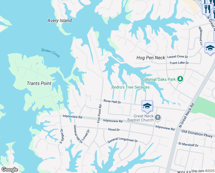 map of restaurants, bars, coffee shops, grocery stores, and more near 1132 Five Point Road in Virginia Beach