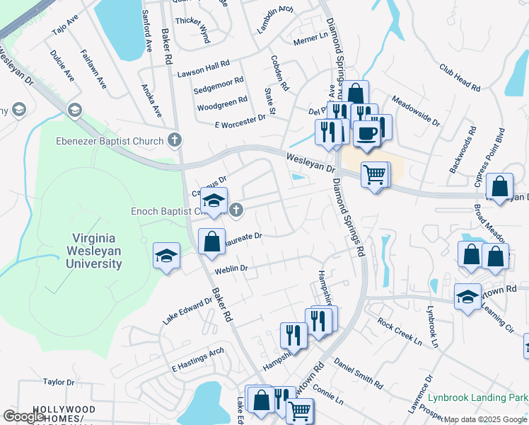 map of restaurants, bars, coffee shops, grocery stores, and more near 817 Admissions Court in Virginia Beach