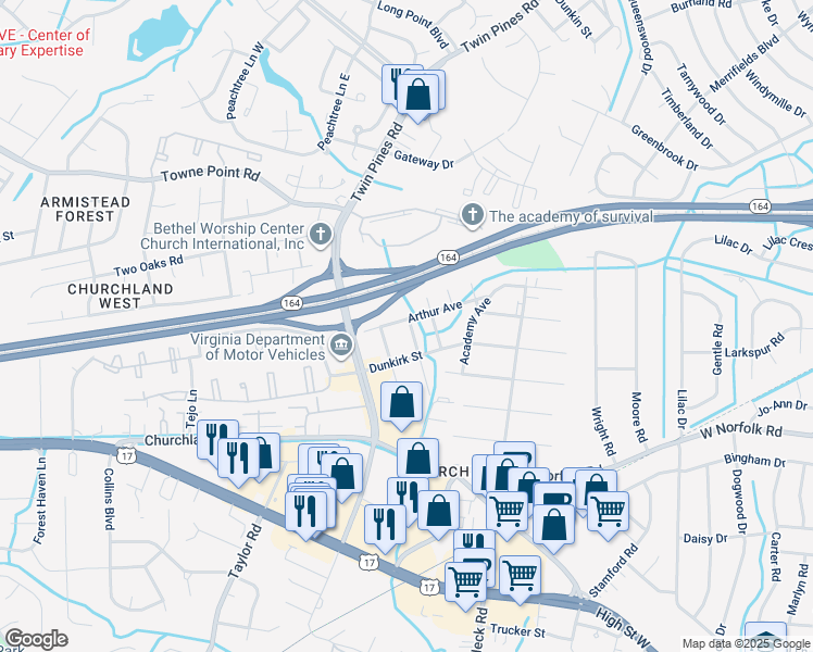 map of restaurants, bars, coffee shops, grocery stores, and more near 6201 Arthur Avenue in Portsmouth