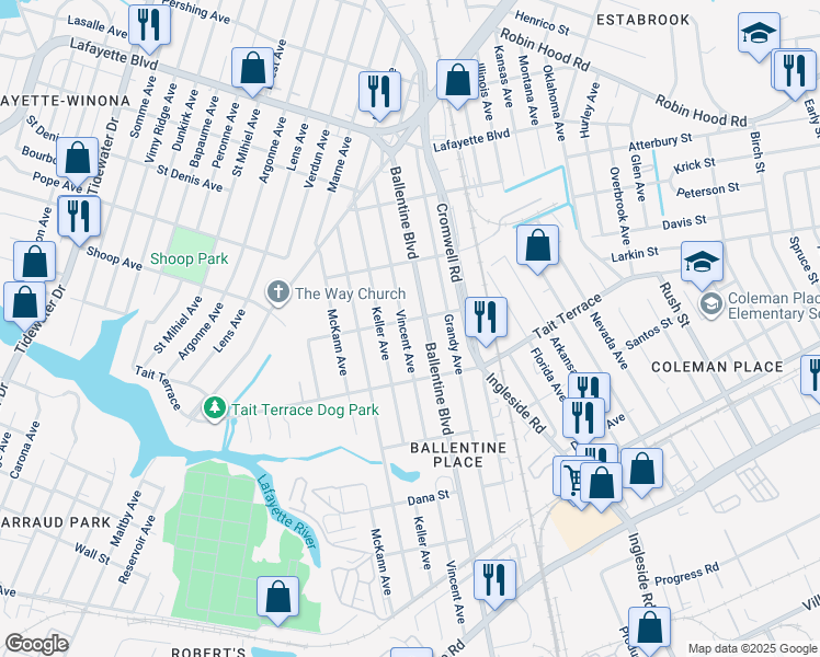 map of restaurants, bars, coffee shops, grocery stores, and more near 2624 Vincent Avenue in Norfolk