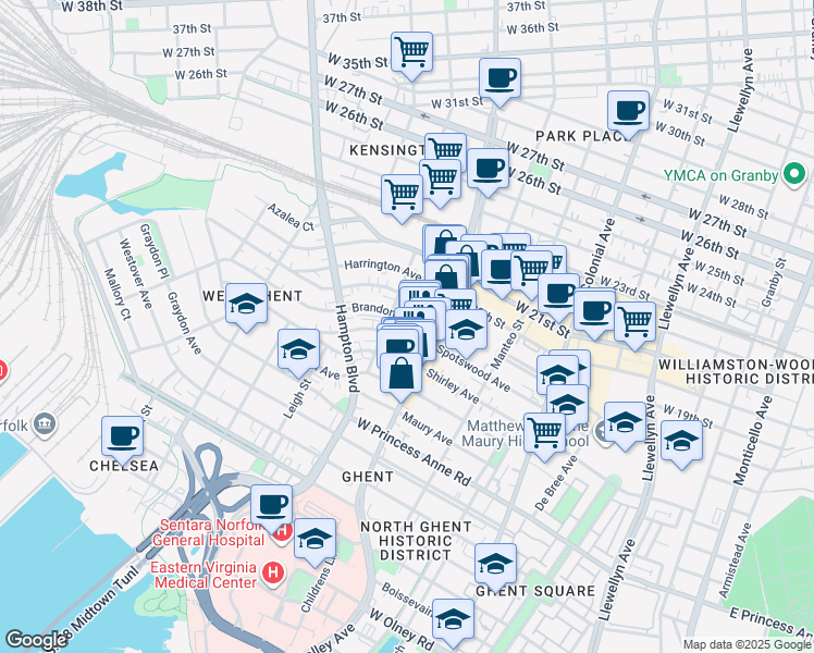 map of restaurants, bars, coffee shops, grocery stores, and more near 828 Shirley Avenue in Norfolk