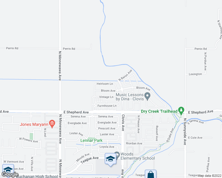 map of restaurants, bars, coffee shops, grocery stores, and more near 4266-4432 East Shepherd Avenue in Clovis