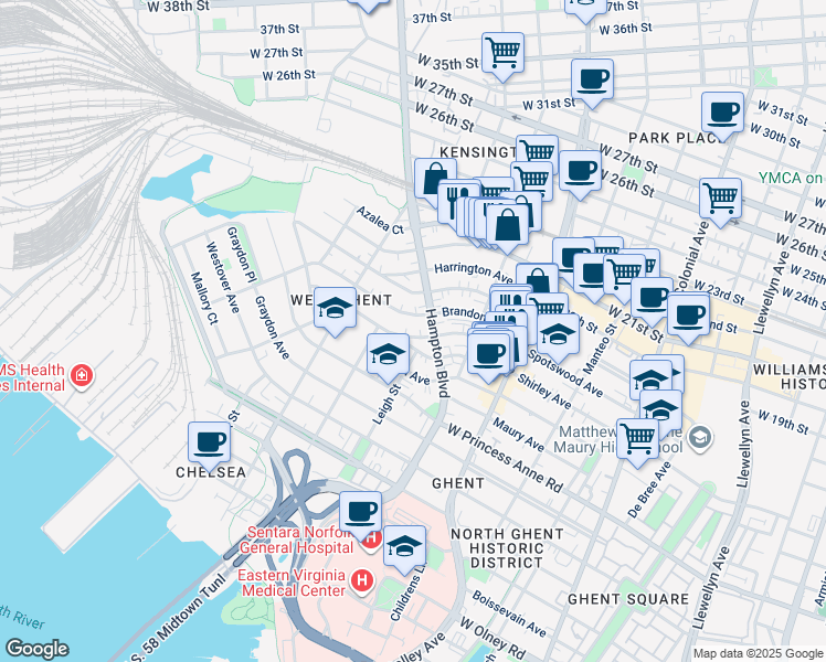 map of restaurants, bars, coffee shops, grocery stores, and more near 1020 Spotswood Avenue in Norfolk
