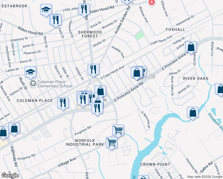 map of restaurants, bars, coffee shops, grocery stores, and more near Miltate Avenue in Norfolk