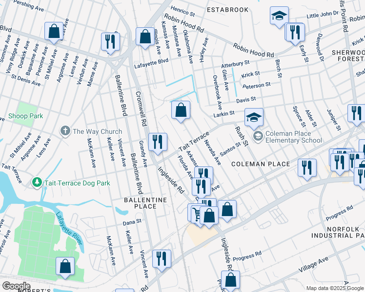 map of restaurants, bars, coffee shops, grocery stores, and more near 2609 Arkansas Avenue in Norfolk