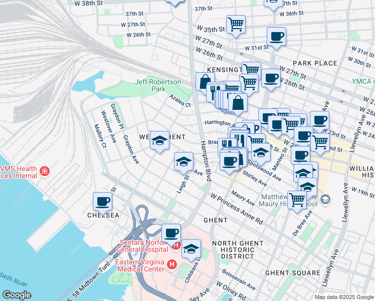 map of restaurants, bars, coffee shops, grocery stores, and more near 1040 Spotswood Avenue in Norfolk